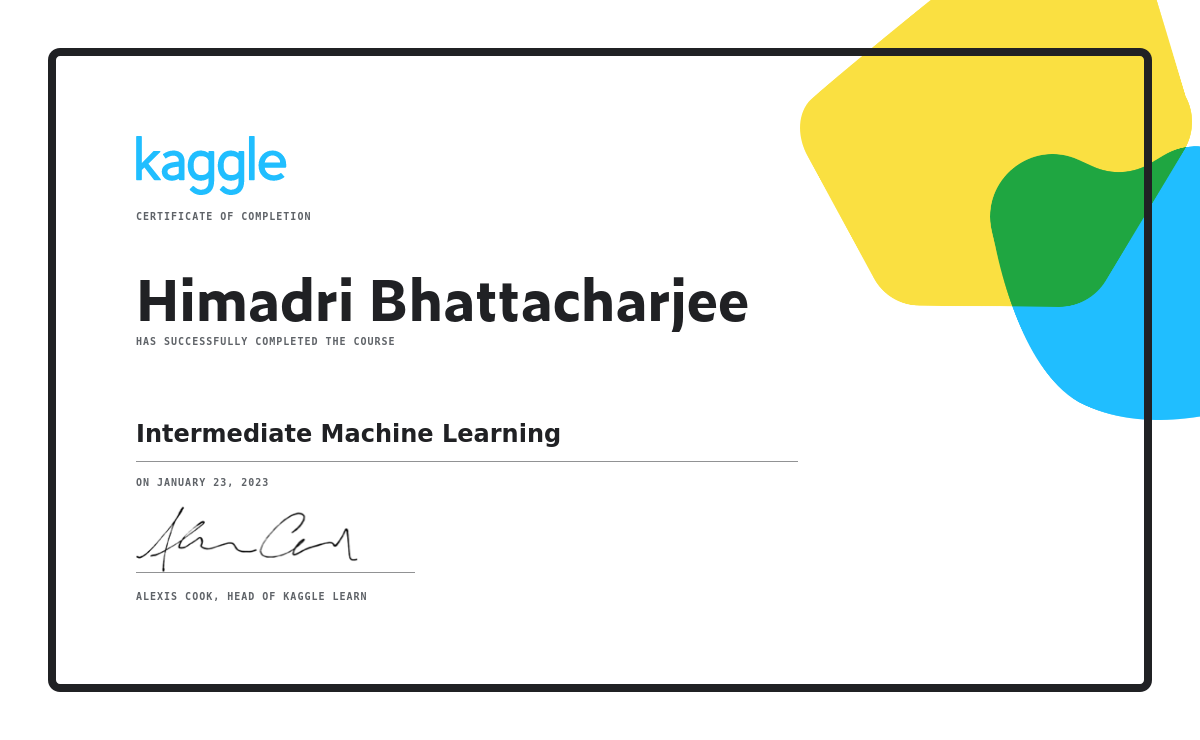 Himadri Bhattacharjee - Intermediate Machine Learning Kaggle Certificate