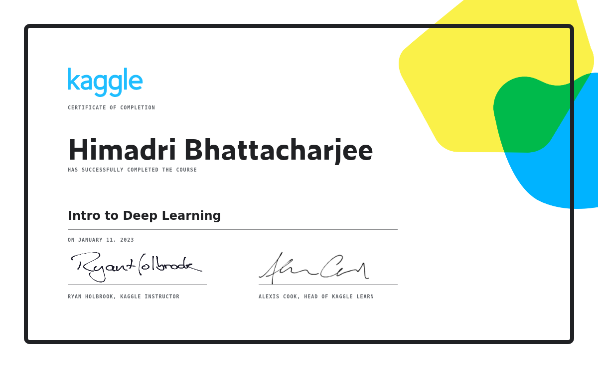 Himadri Bhattacharjee - Intro to Deep Learning Kaggle Certificate