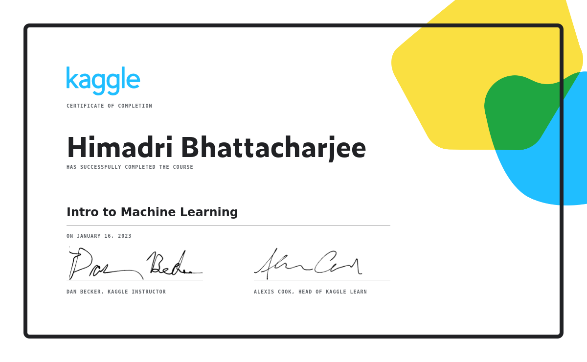 Himadri Bhattacharjee - Intro to Machine Learning Kaggle Certificate