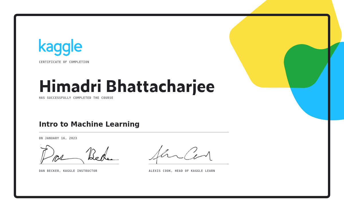 Intro to Machine Learning Kaggle Certificate